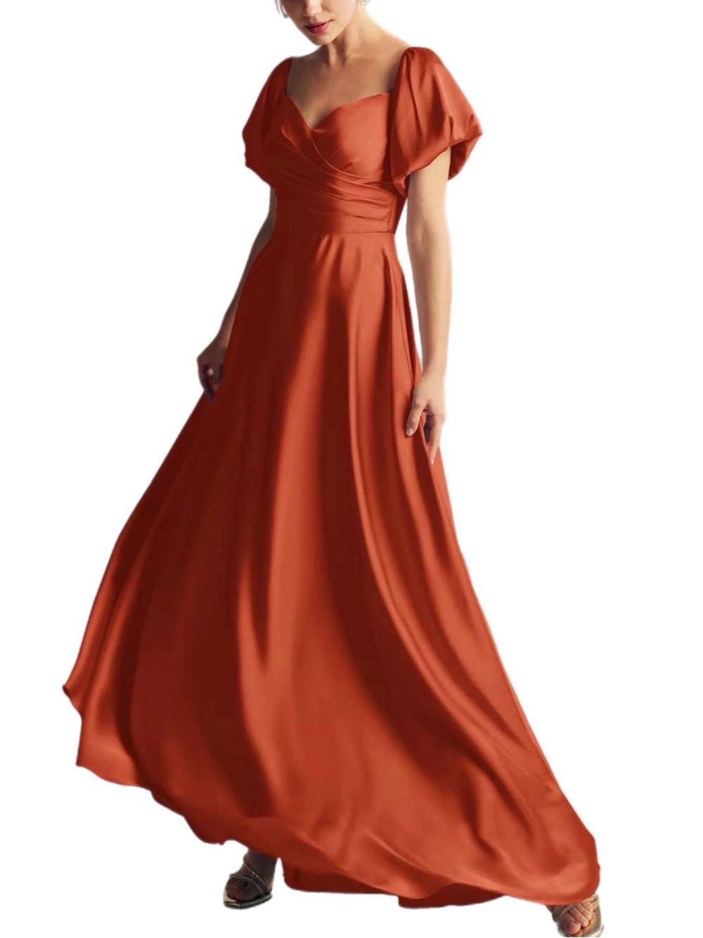 NWOT AW Bridal Satin Charmeuse Puff Sleeve A-Line Tangerine Gown Size 6